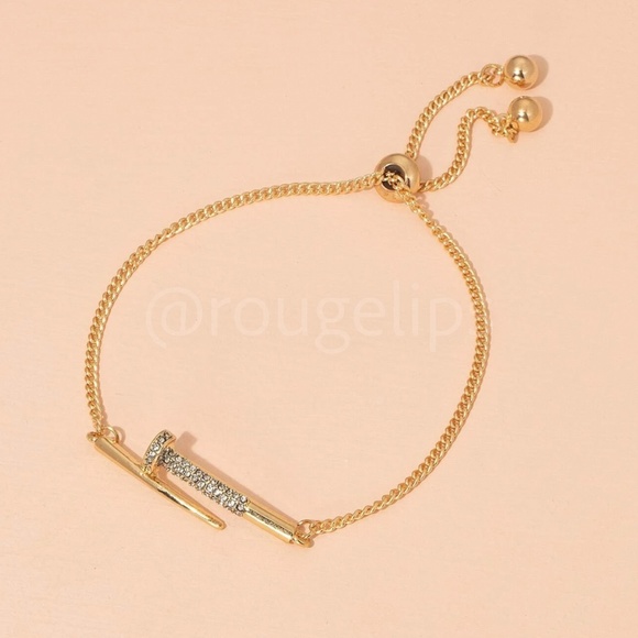 Rhinestone Embellished Gold Tone Nail Chain Dangle Bracelet Drawstring - Picture 2 of 4